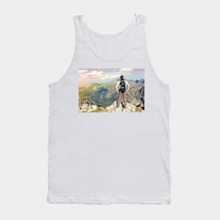 Woman with backpack standing on the edge, looking at mountains Tank Top